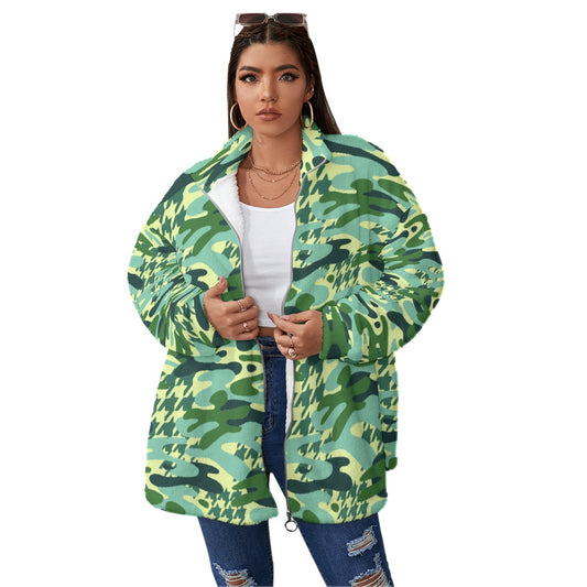 All-Over Print Unisex Borg Fleece Stand-up Collar Coat With Zipper Closure(Plus Size)