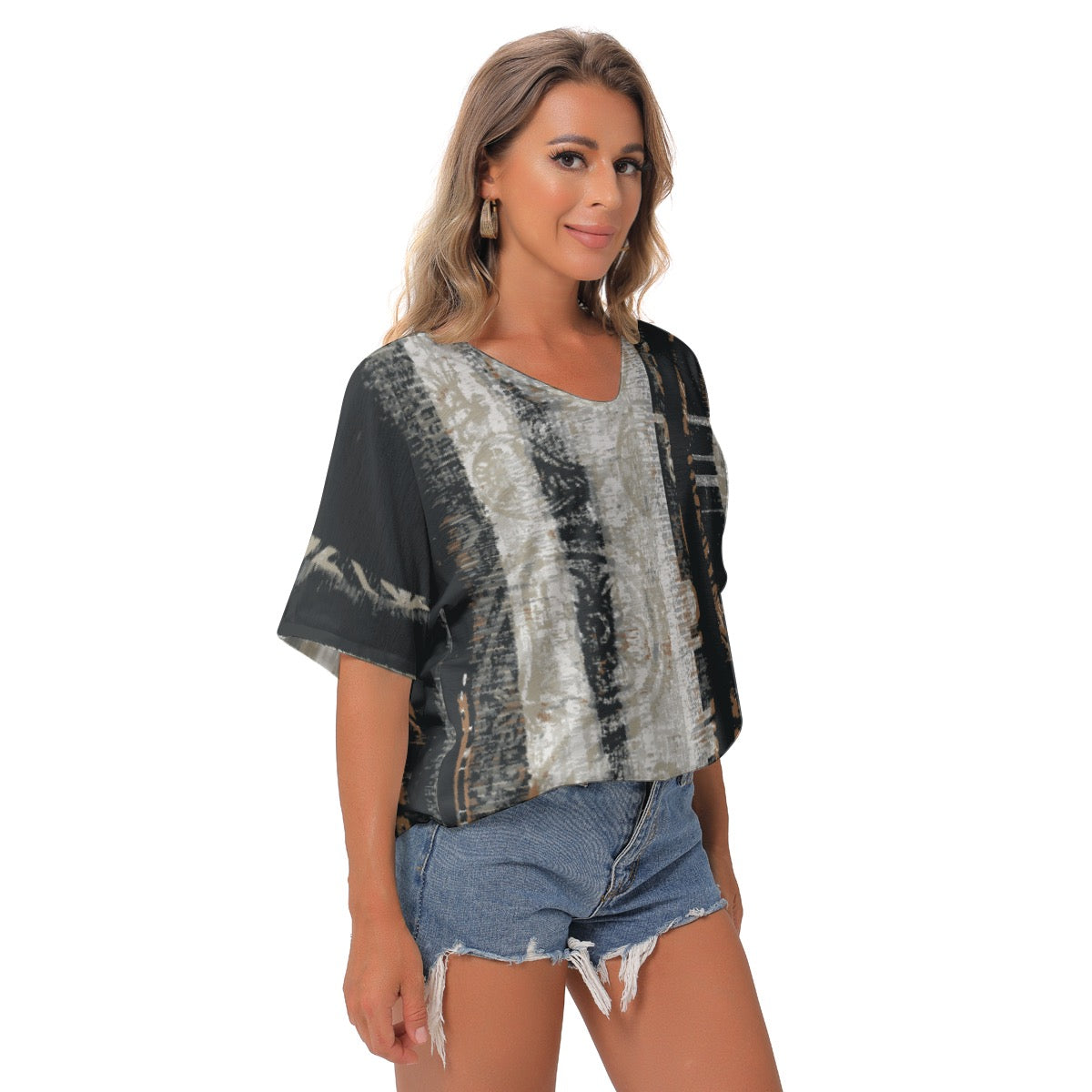 All-Over Print Women's Bat Sleeves V-Neck Blouse