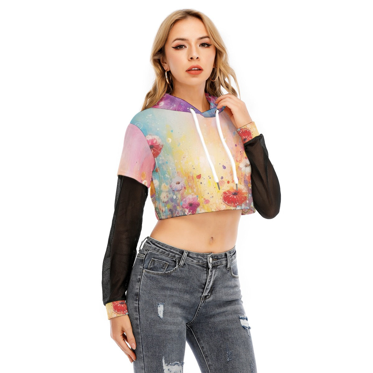 All-Over Print Women's Fake Two-piece Mesh Sleeve Cropped Hoodie