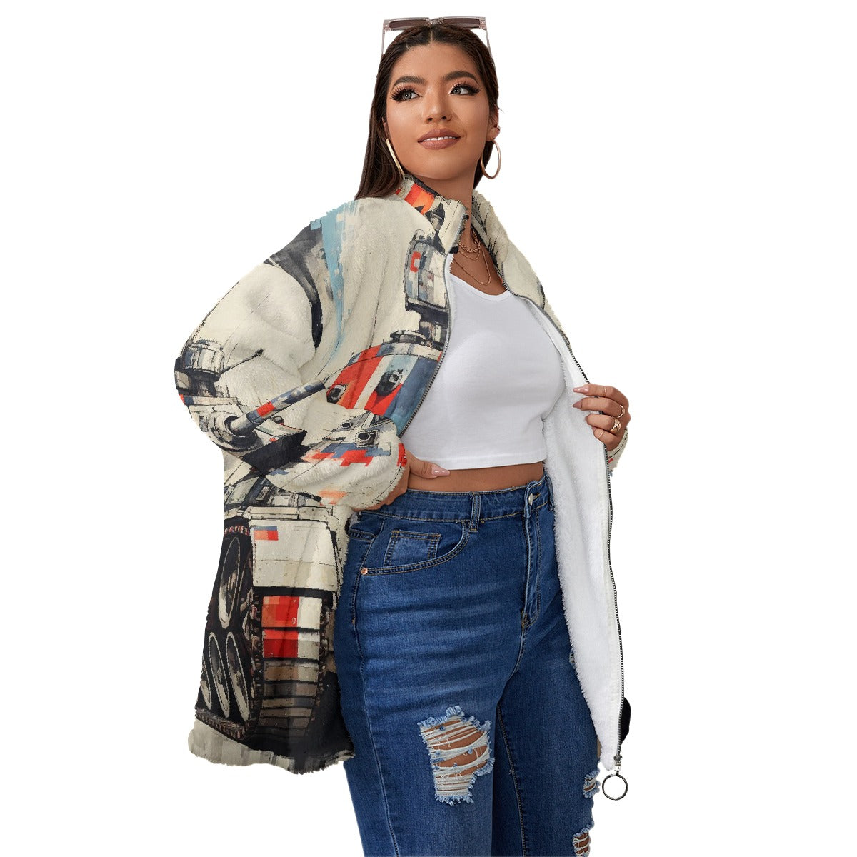 All-Over Print Unisex Borg Fleece Stand-up Collar Coat With Zipper Closure(Plus Size)