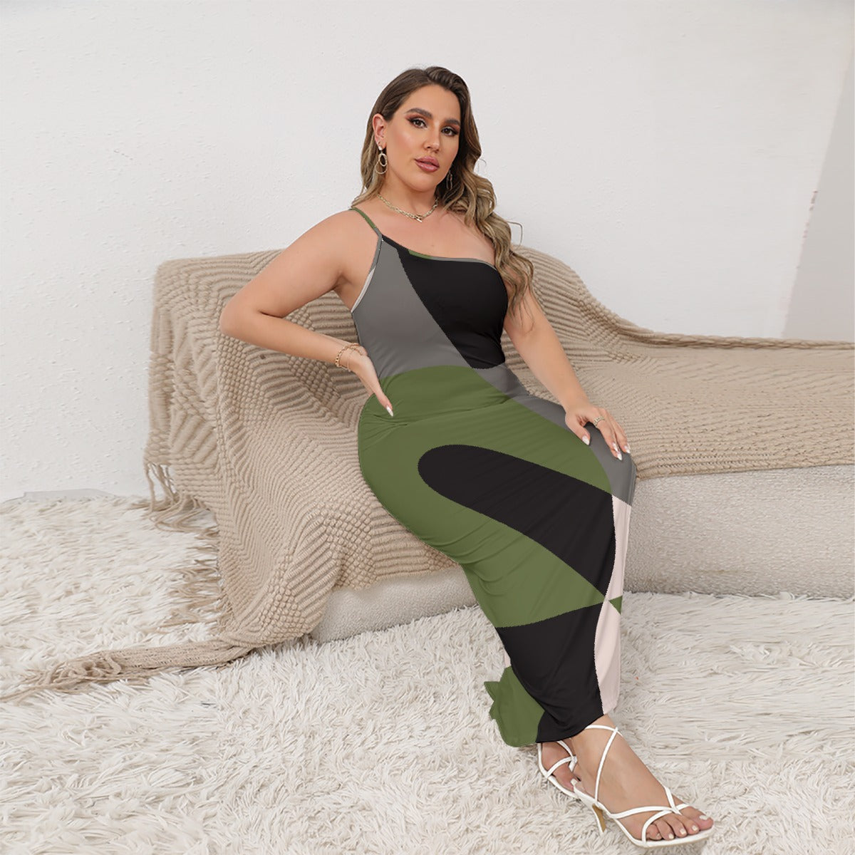 All-Over Print Women's Oblique-Shoulder Exposure Dress With Side Split (Plus Size)