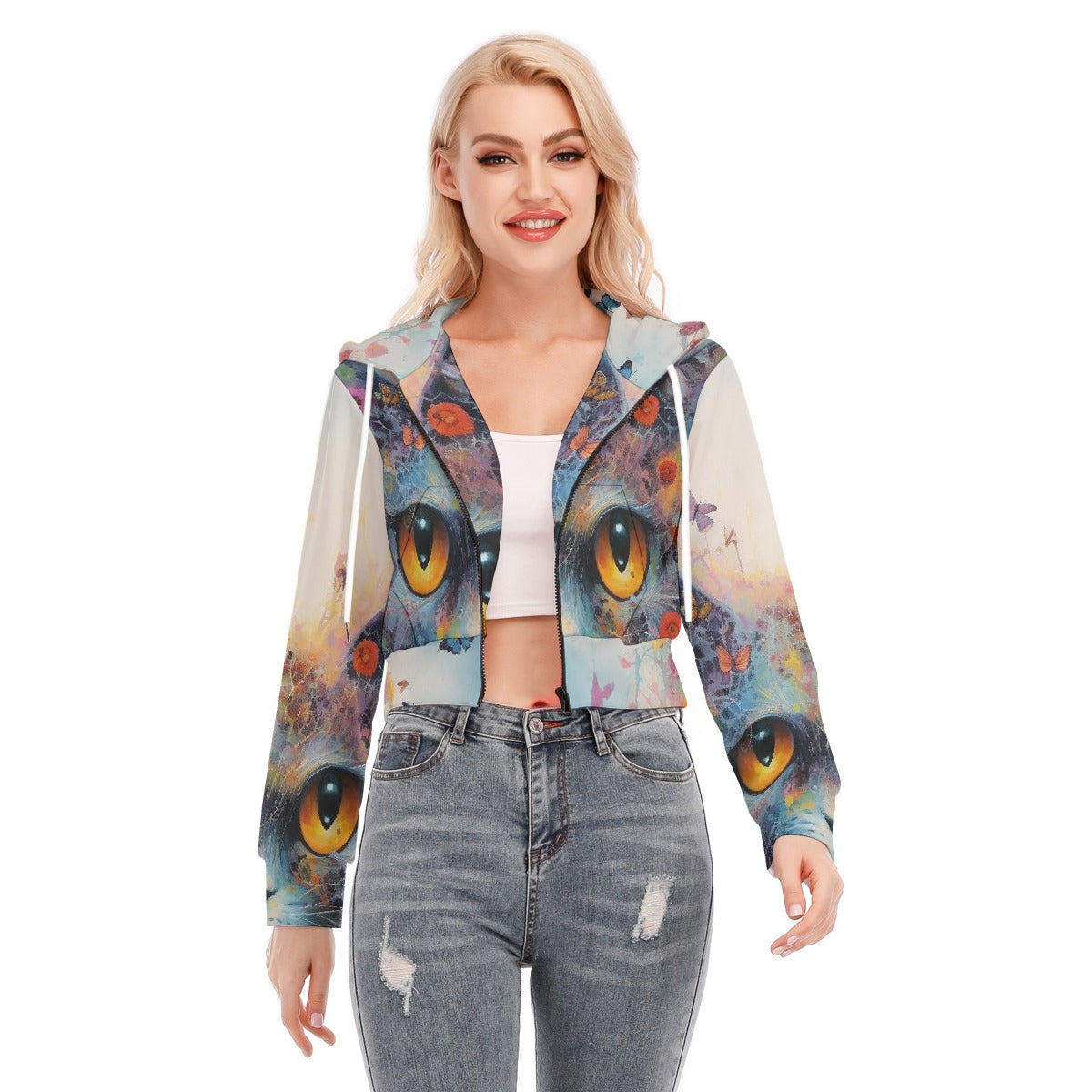 All-Over Print Women's Crop Top Hoodie With Zipper Closure