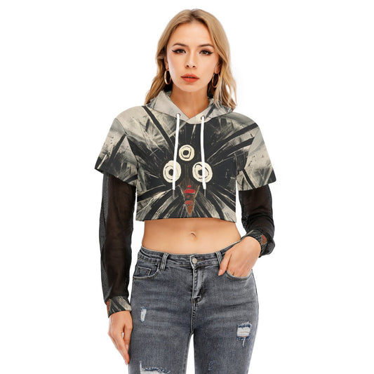 All-Over Print Women's Fake Two-piece Mesh Sleeve Cropped Hoodie