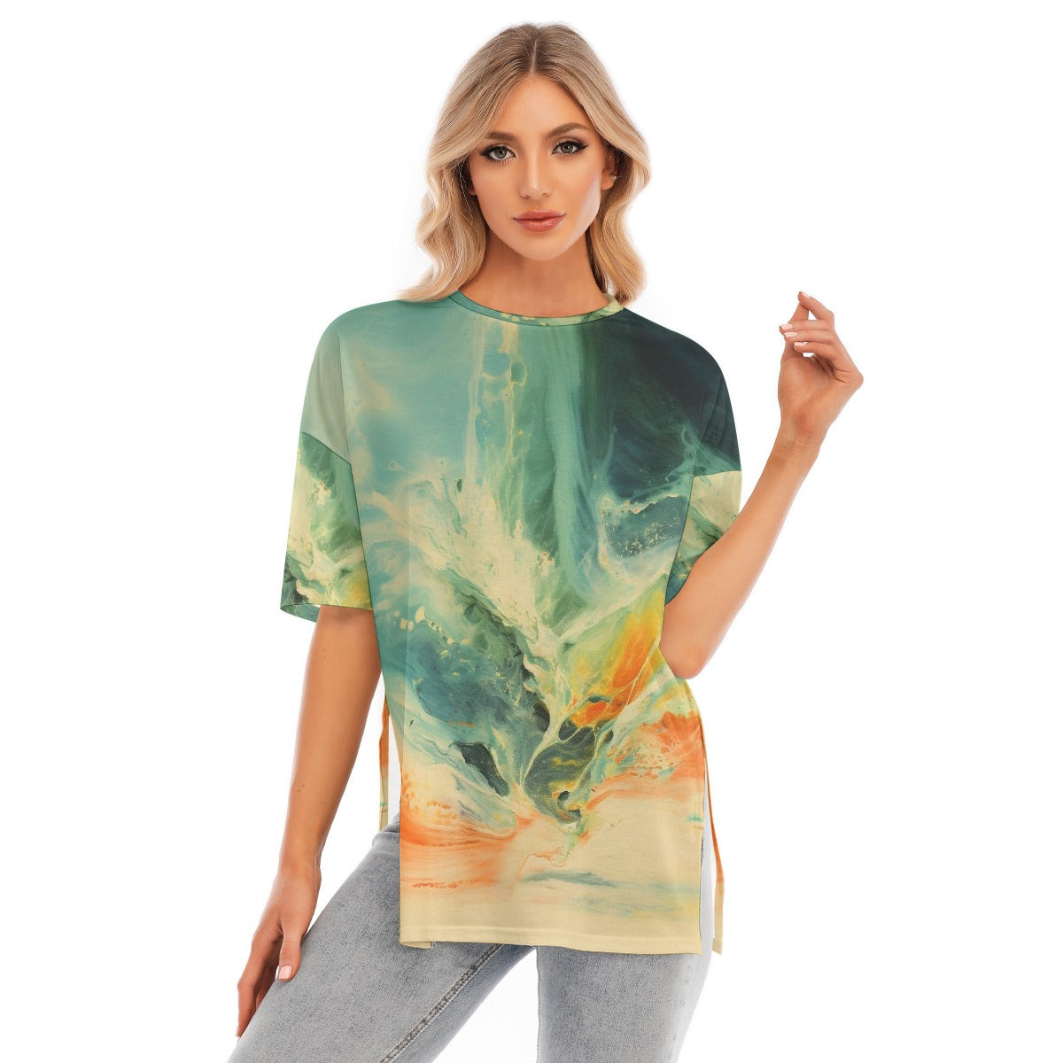 All-Over Print Women's Short Sleeves T-shirt With Hem Split