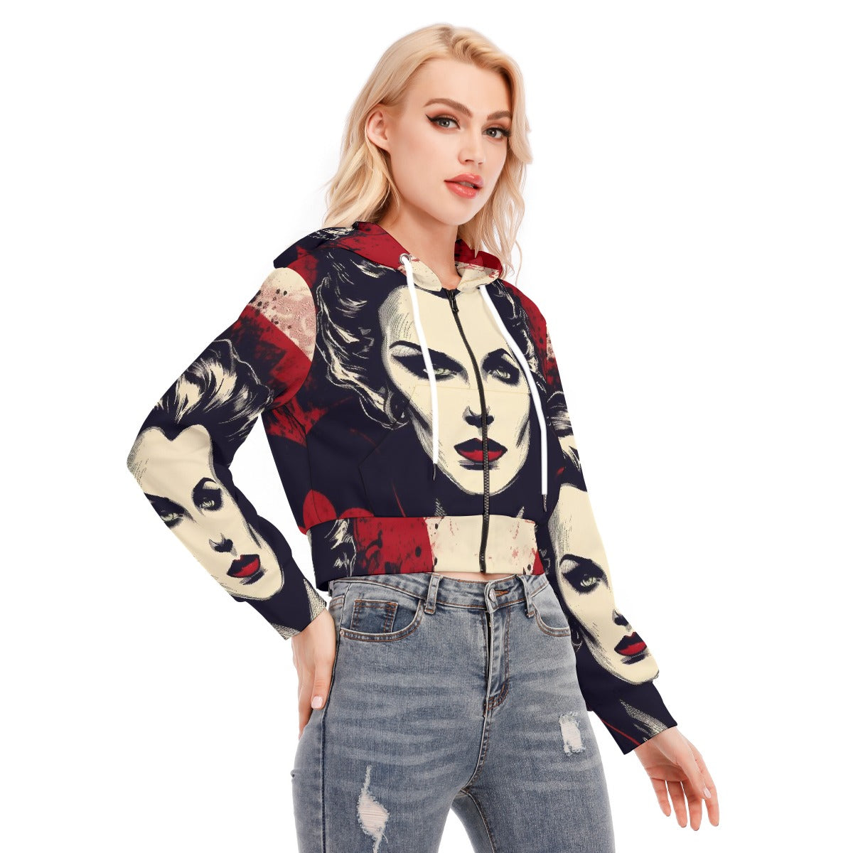 All-Over Print Women's Crop Top Hoodie With Zipper Closure