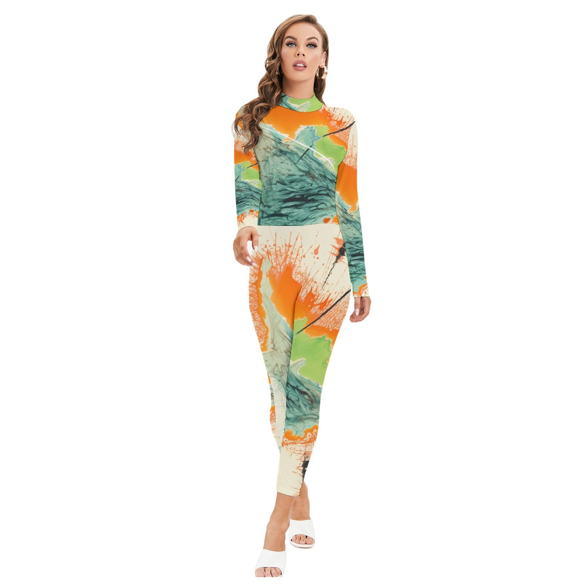 All-Over Print Women's Long-sleeved High-neck Jumpsuit With Zipper