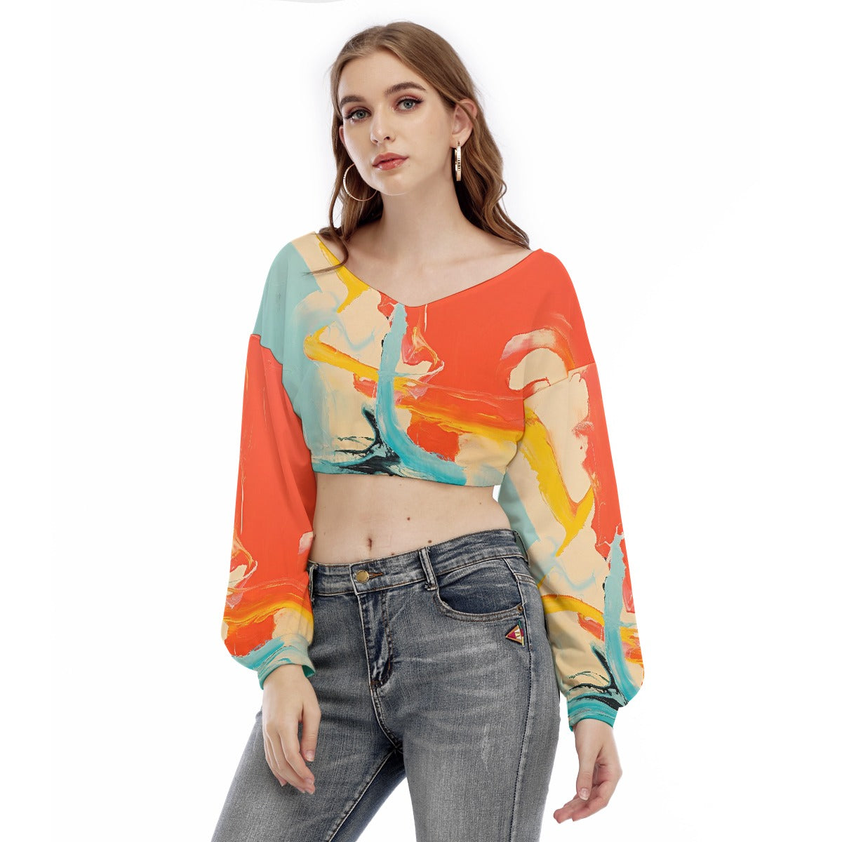All-Over Print Women's V-neck Long Sleeve Cropped Sweatshirt