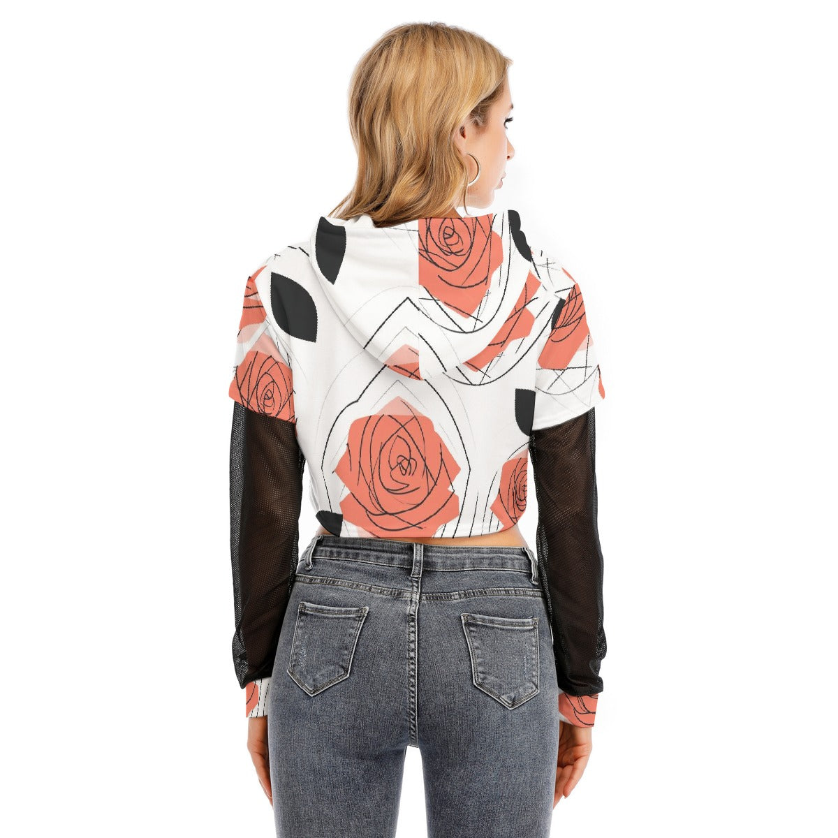 All-Over Print Women's Fake Two-piece Mesh Sleeve Cropped Hoodie