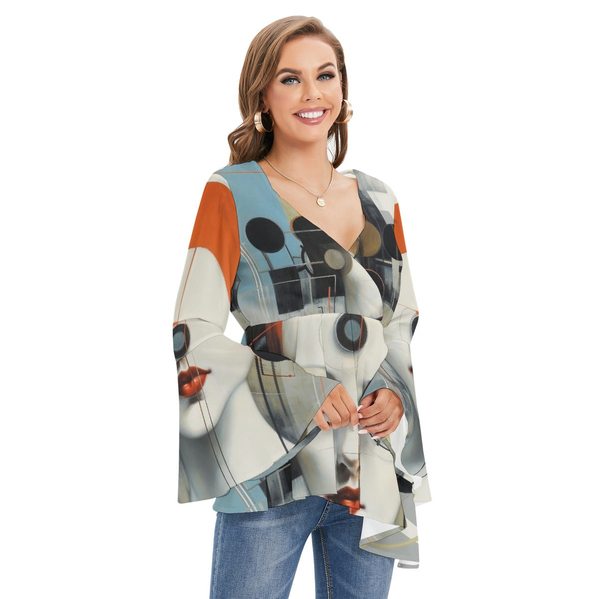 All-Over Print Women's V-neck Blouse With Flared Sleeves