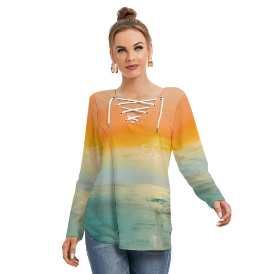 All-Over Print Women's Long Sleeve Neckline Tie Sweatshirt