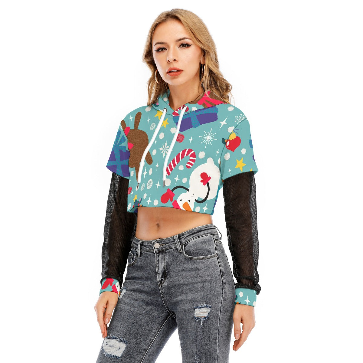 All-Over Print Women's Fake Two-piece Mesh Sleeve Cropped Hoodie