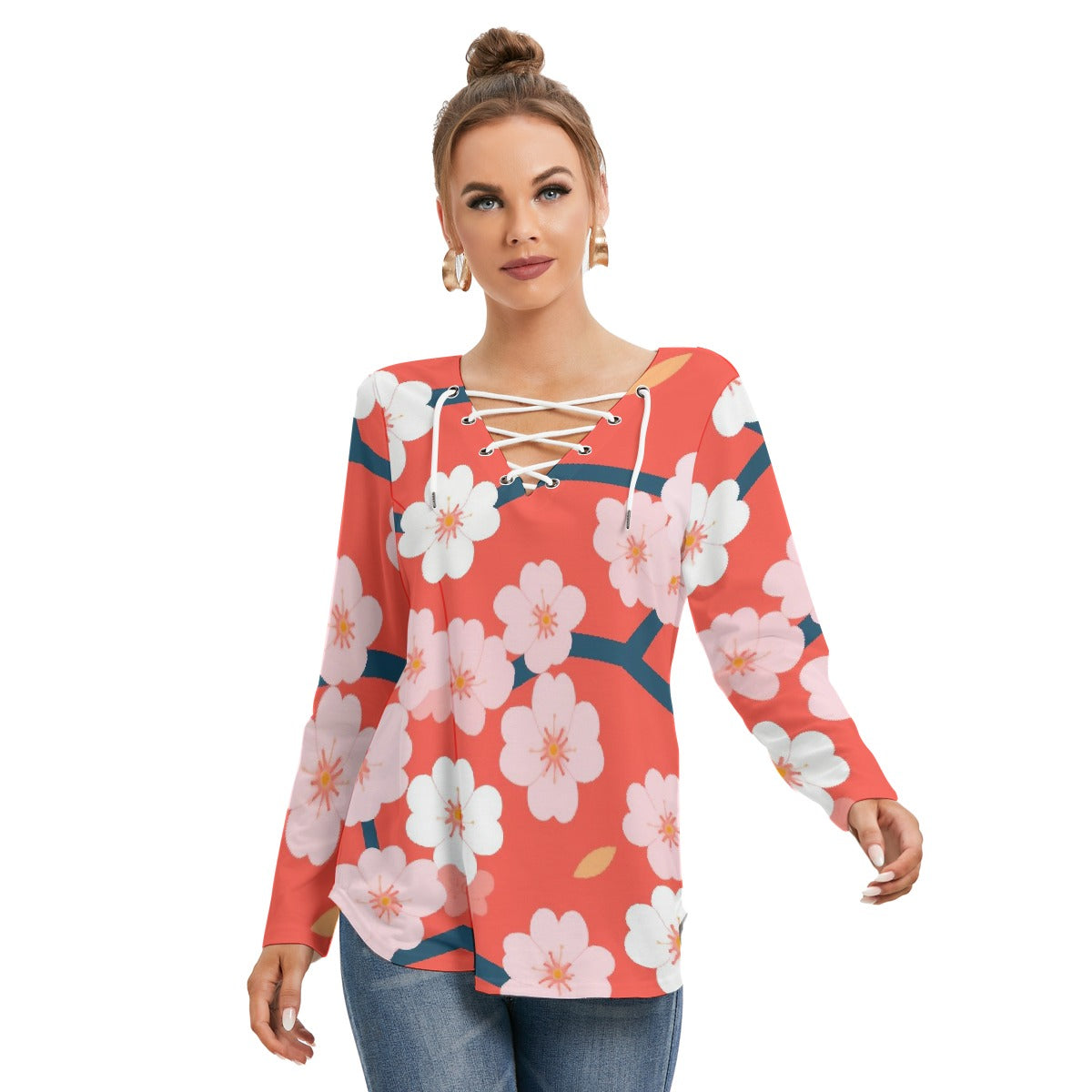 All-Over Print Women's Long Sleeve Neckline Tie Sweatshirt
