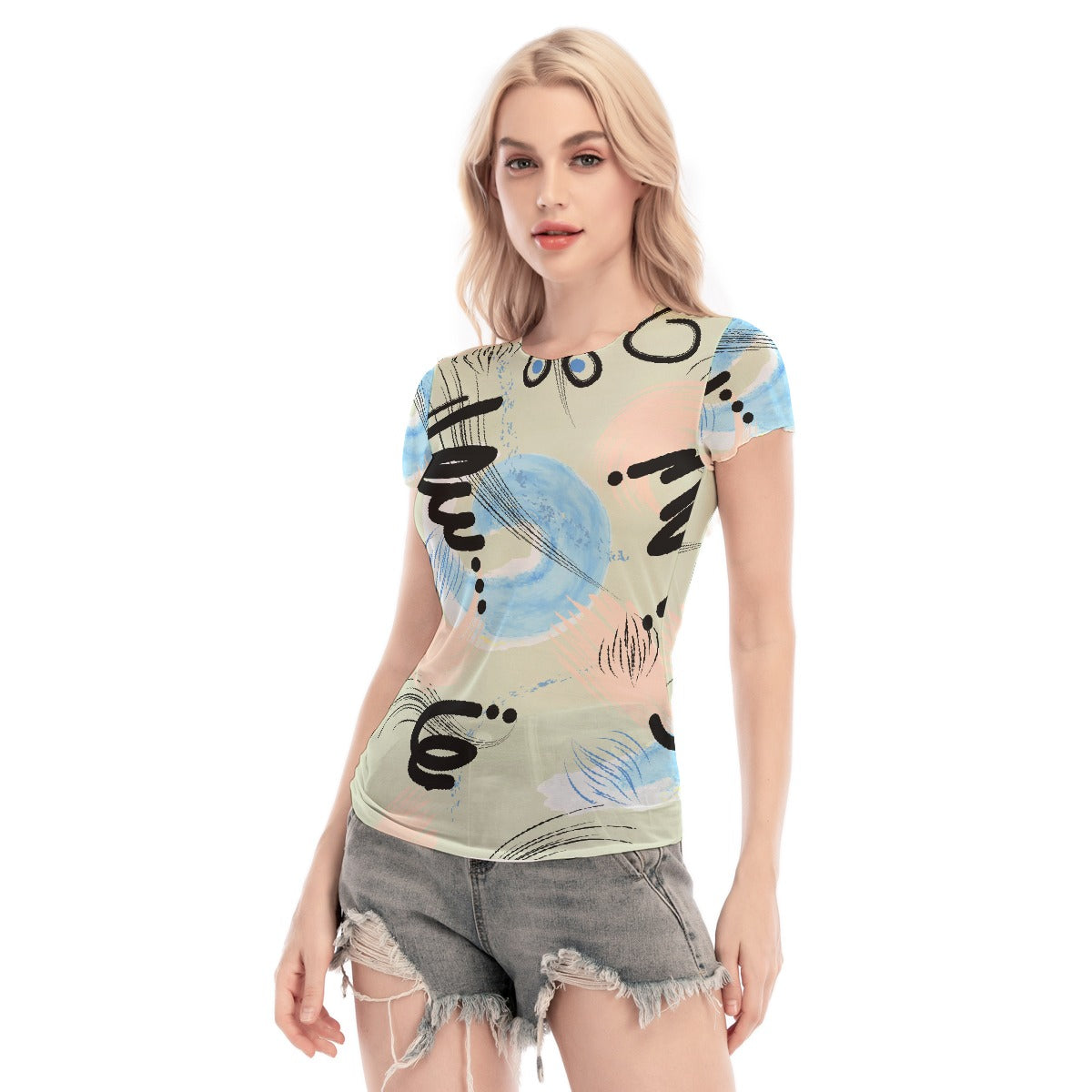 All-Over Print Women's Short Sleeve Mesh Blouse
