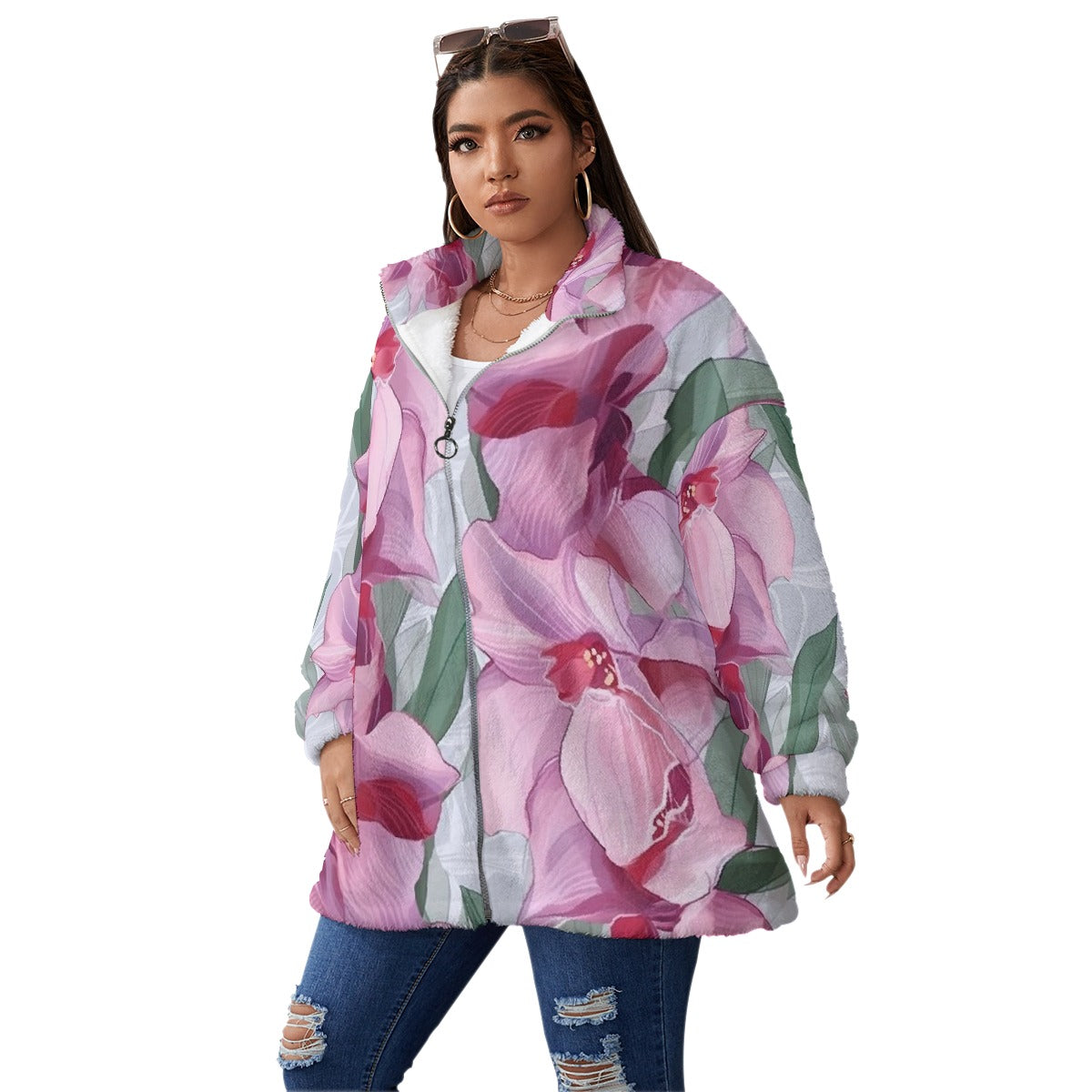 All-Over Print Unisex Borg Fleece Stand-up Collar Coat With Zipper Closure(Plus Size)