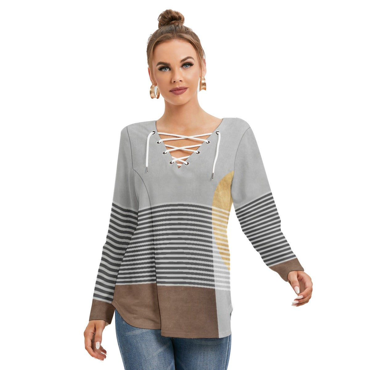 All-Over Print Women's Long Sleeve Neckline Tie Sweatshirt
