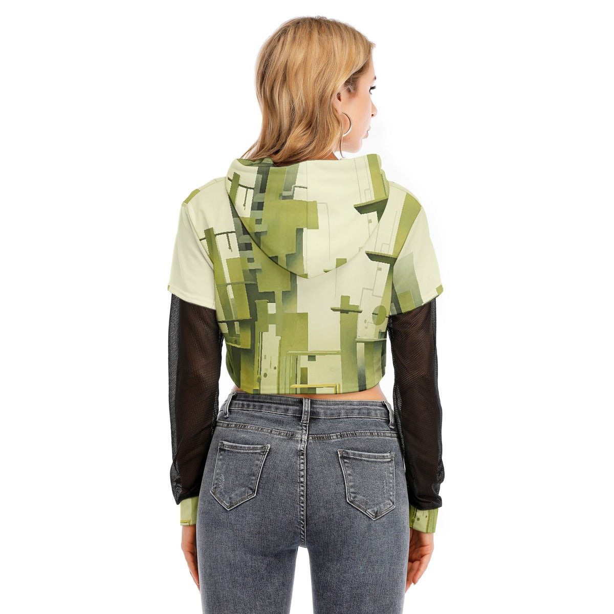 All-Over Print Women's Fake Two-piece Mesh Sleeve Cropped Hoodie