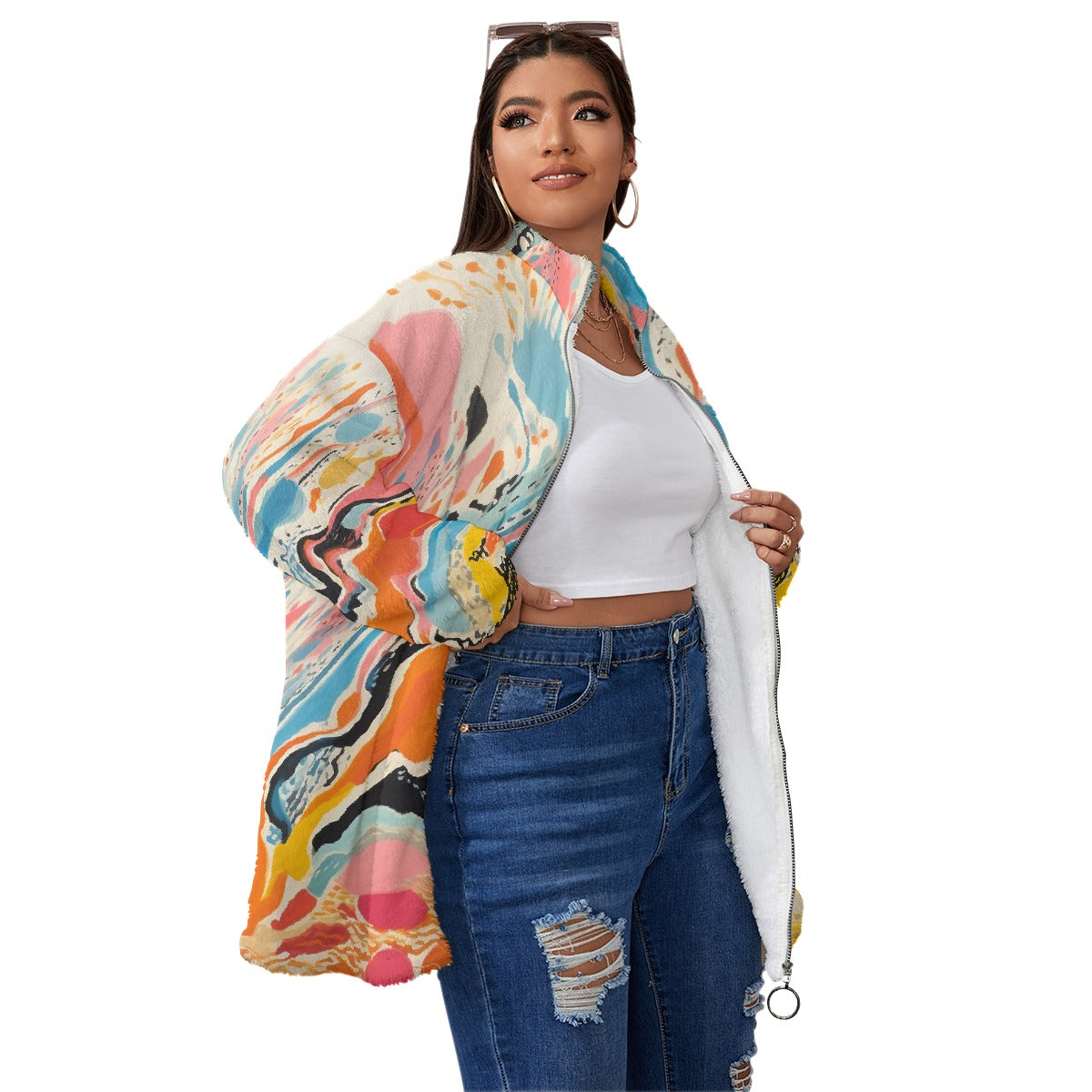 All-Over Print Unisex Borg Fleece Stand-up Collar Coat With Zipper Closure(Plus Size)