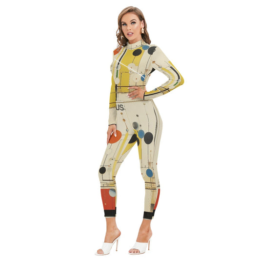 All-Over Print Women's Long-sleeved High-neck Jumpsuit With Zipper