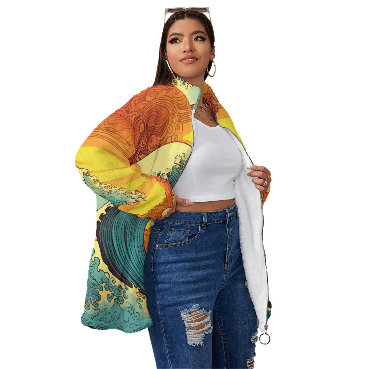 All-Over Print Unisex Borg Fleece Stand-up Collar Coat With Zipper Closure(Plus Size)