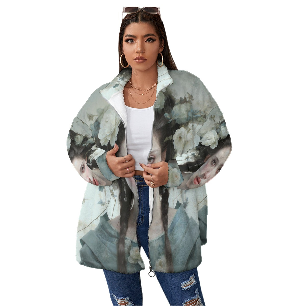 All-Over Print Unisex Borg Fleece Stand-up Collar Coat With Zipper Closure(Plus Size)