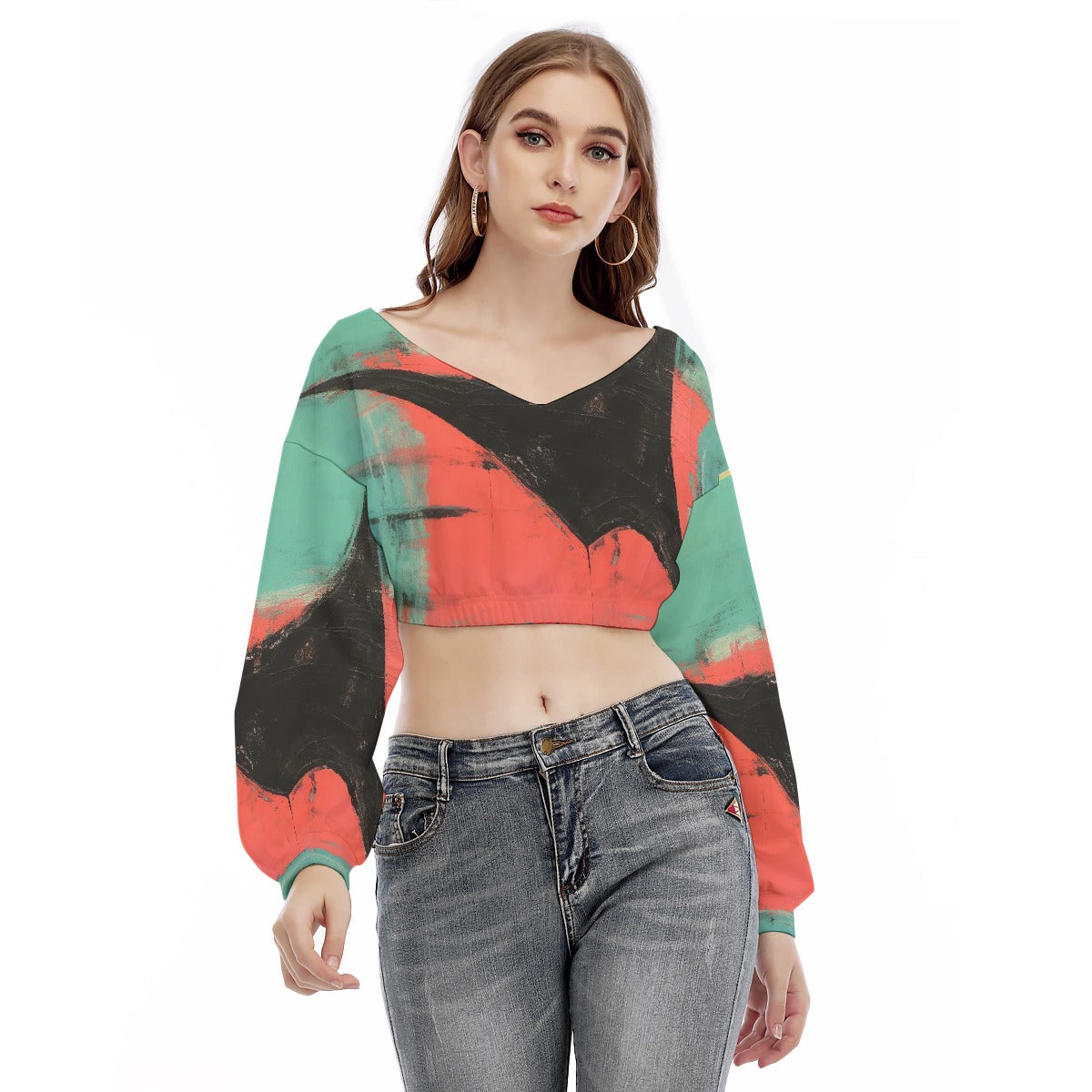 All-Over Print Women's V-neck Long Sleeve Cropped Sweatshirt