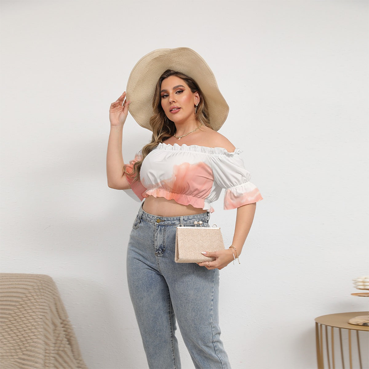 All-Over Print Women's Off-shoulder Cropped Top With Short Puff Sleeve