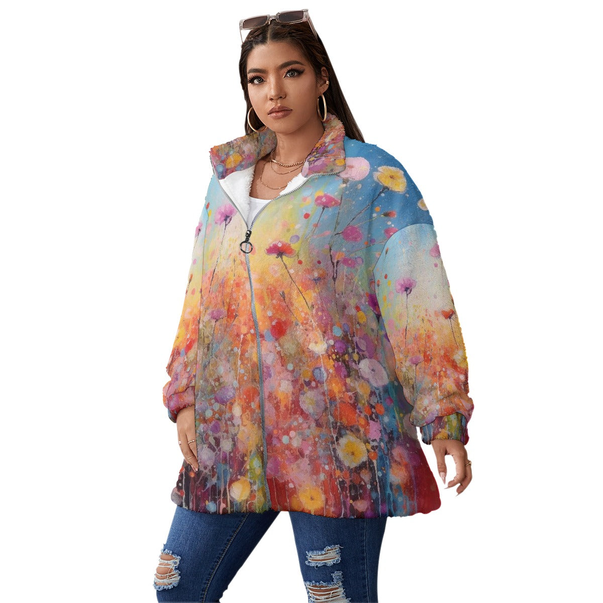 All-Over Print Unisex Borg Fleece Stand-up Collar Coat With Zipper Closure(Plus Size)