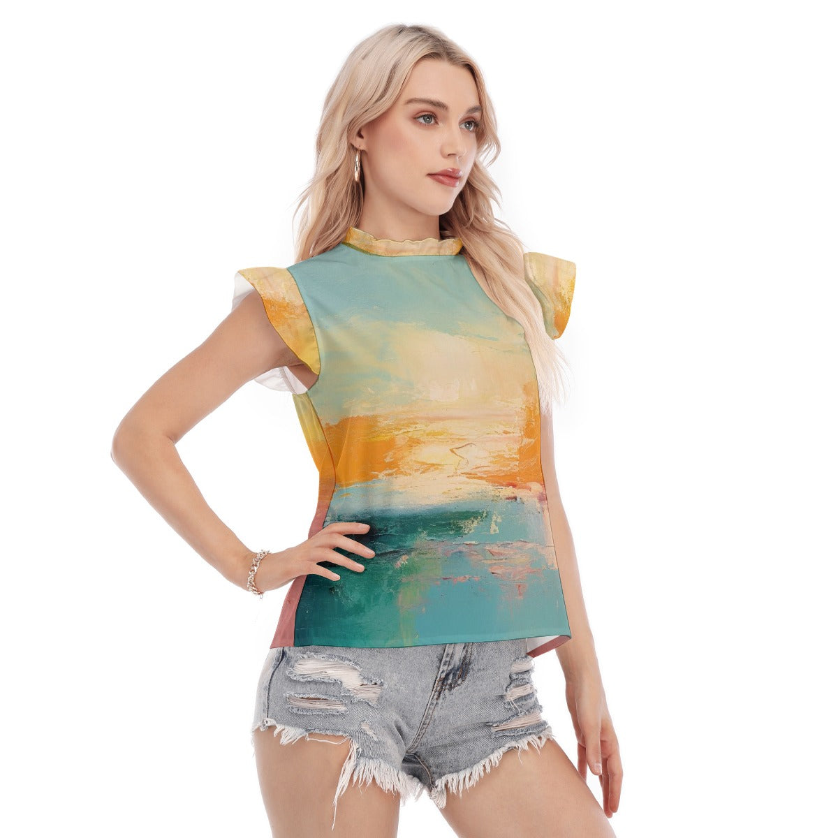 All-Over Print Women's Blouse With Ruffle Collar And Sleeve