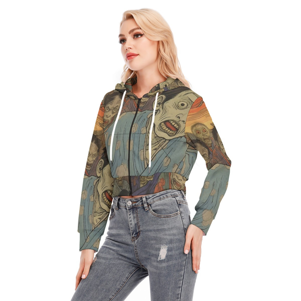 All-Over Print Women's Crop Top Hoodie With Zipper Closure