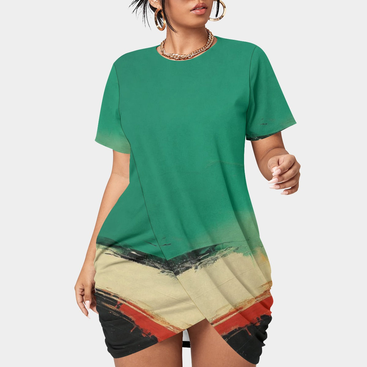 All-Over Print Women’s Stacked Hem Dress With Short Sleeve（Plus Size）