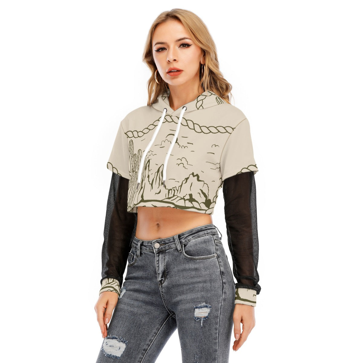 All-Over Print Women's Fake Two-piece Mesh Sleeve Cropped Hoodie