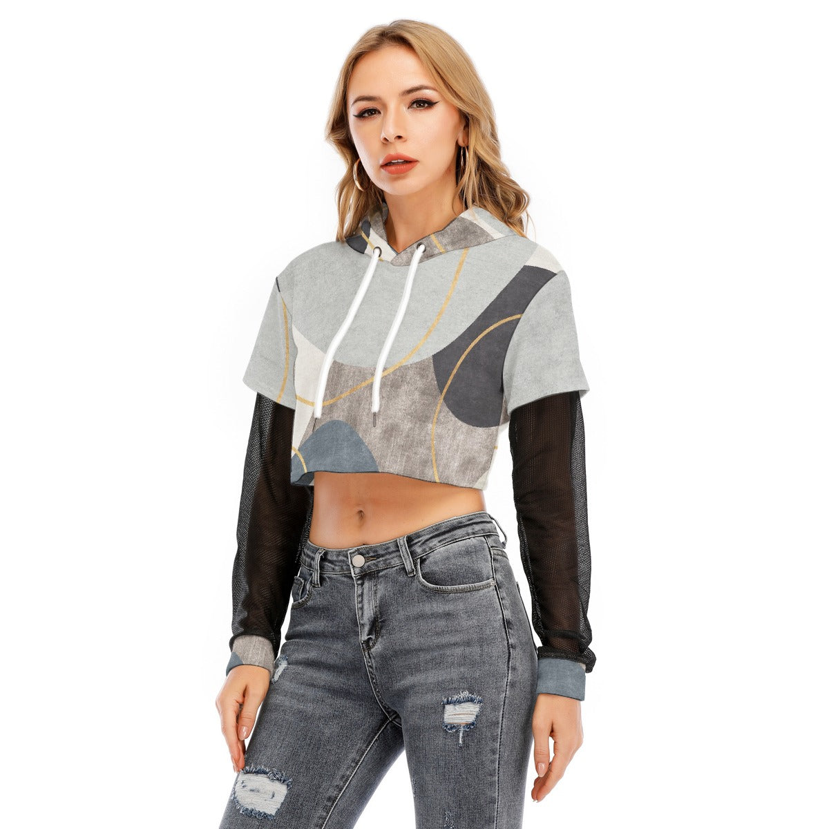 All-Over Print Women's Fake Two-piece Mesh Sleeve Cropped Hoodie