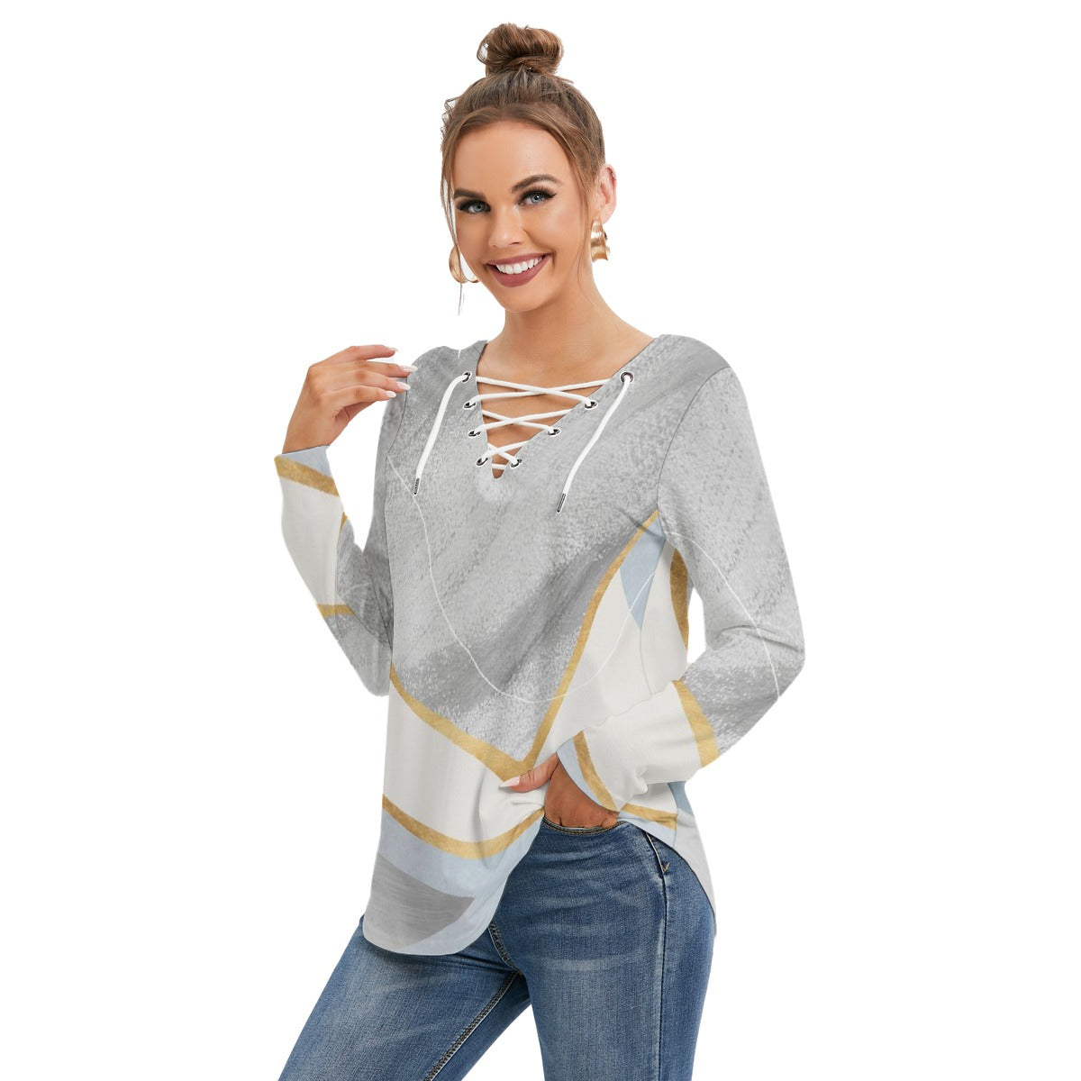 All-Over Print Women's Long Sleeve Neckline Tie Sweatshirt