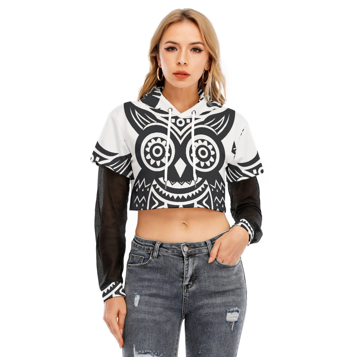All-Over Print Women's Fake Two-piece Mesh Sleeve Cropped Hoodie