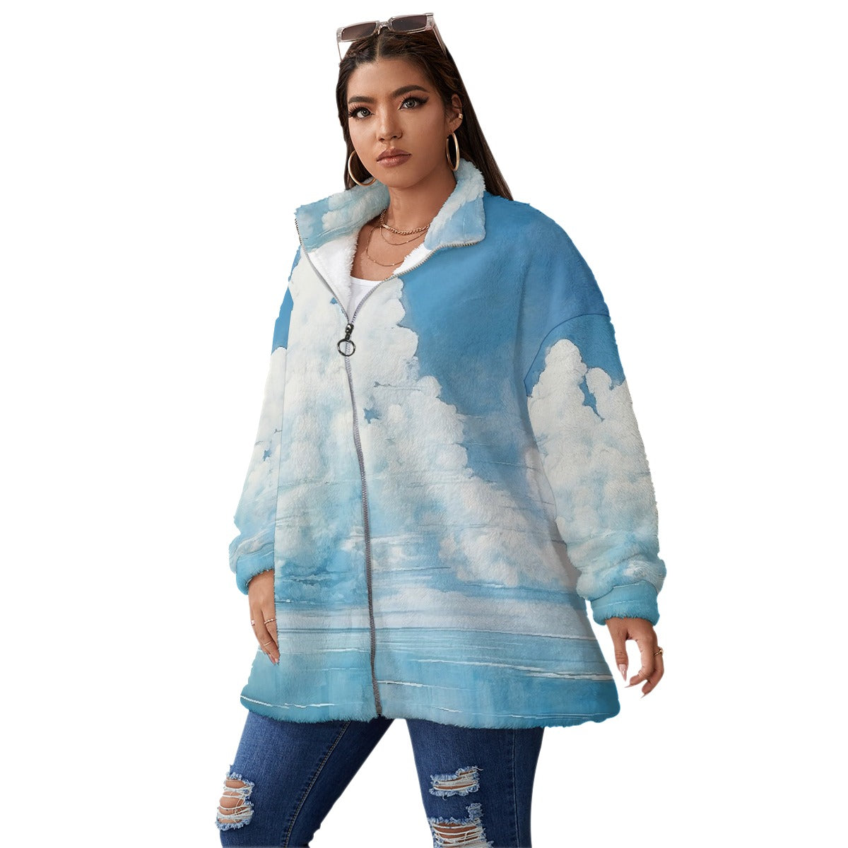 All-Over Print Unisex Borg Fleece Stand-up Collar Coat With Zipper Closure(Plus Size)
