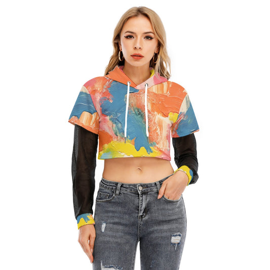 All-Over Print Women's Fake Two-piece Mesh Sleeve Cropped Hoodie