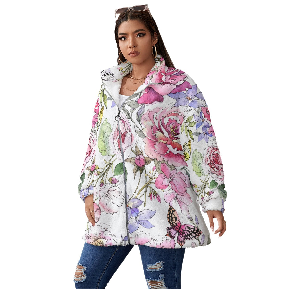 All-Over Print Unisex Borg Fleece Stand-up Collar Coat With Zipper Closure(Plus Size)