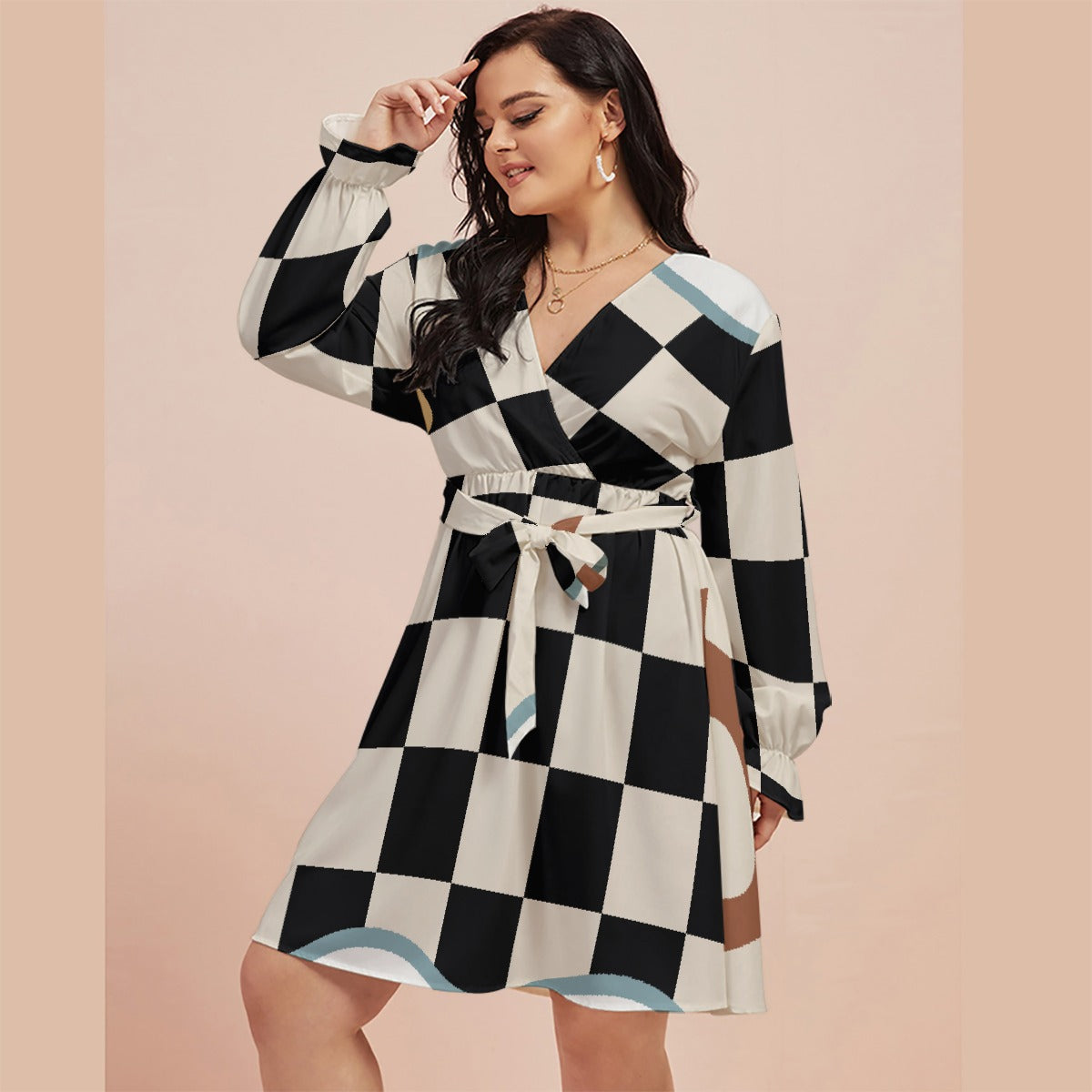 All-Over Print Women's V-neck Dress With Waistband(Plus Size)