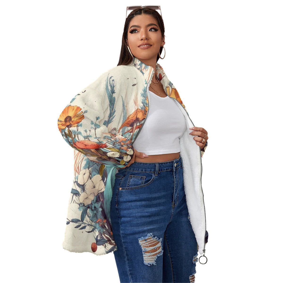 All-Over Print Unisex Borg Fleece Stand-up Collar Coat With Zipper Closure(Plus Size)