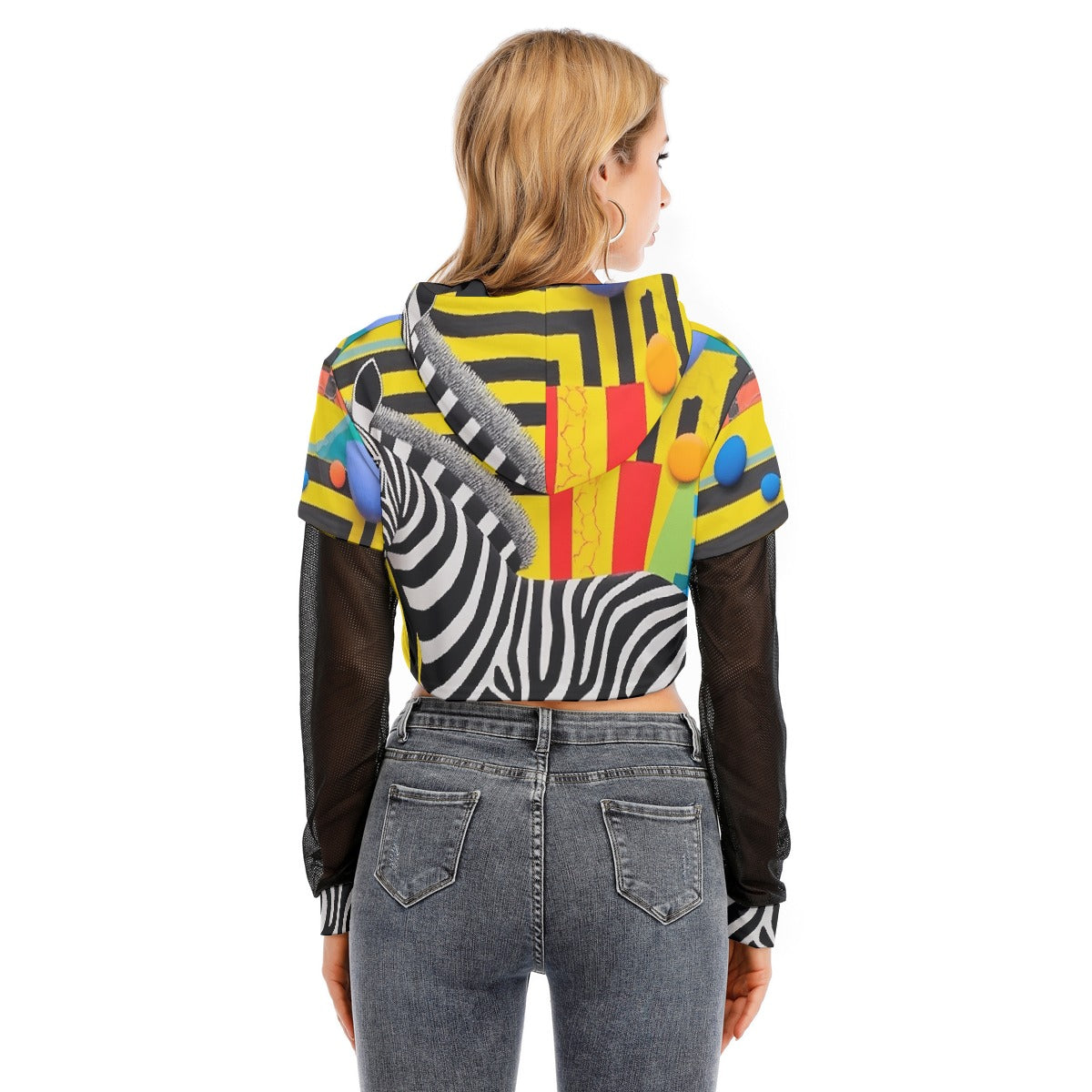 All-Over Print Women's Fake Two-piece Mesh Sleeve Cropped Hoodie