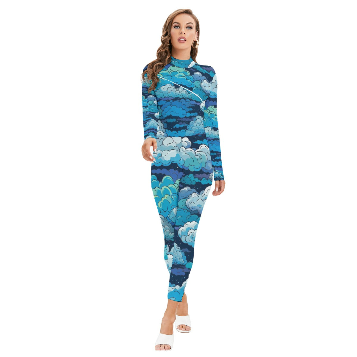 All-Over Print Women's Long-sleeved High-neck Jumpsuit With Zipper