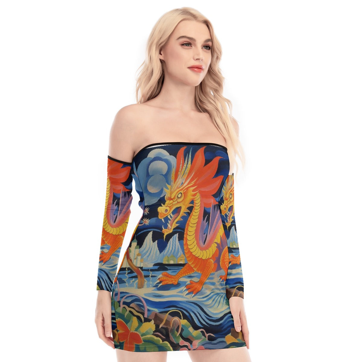 All-Over Print Women's Off-shoulder Back Lace-up Dress