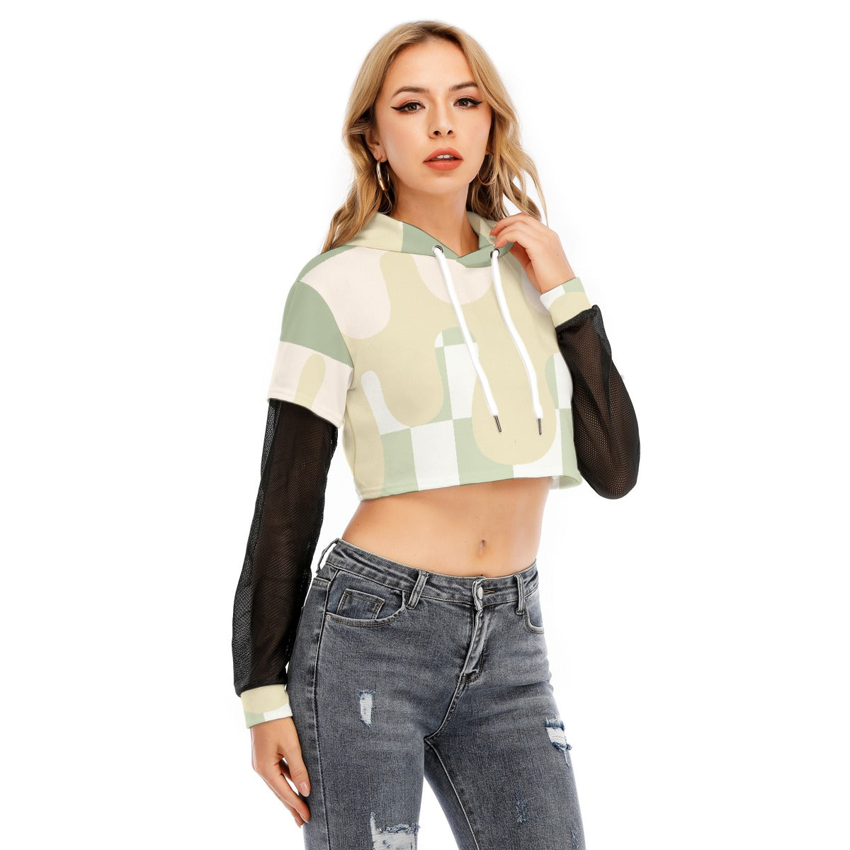 All-Over Print Women's Fake Two-piece Mesh Sleeve Cropped Hoodie