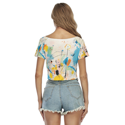 All-Over Print Women's Raglan Drawstring Front  Crop Tee