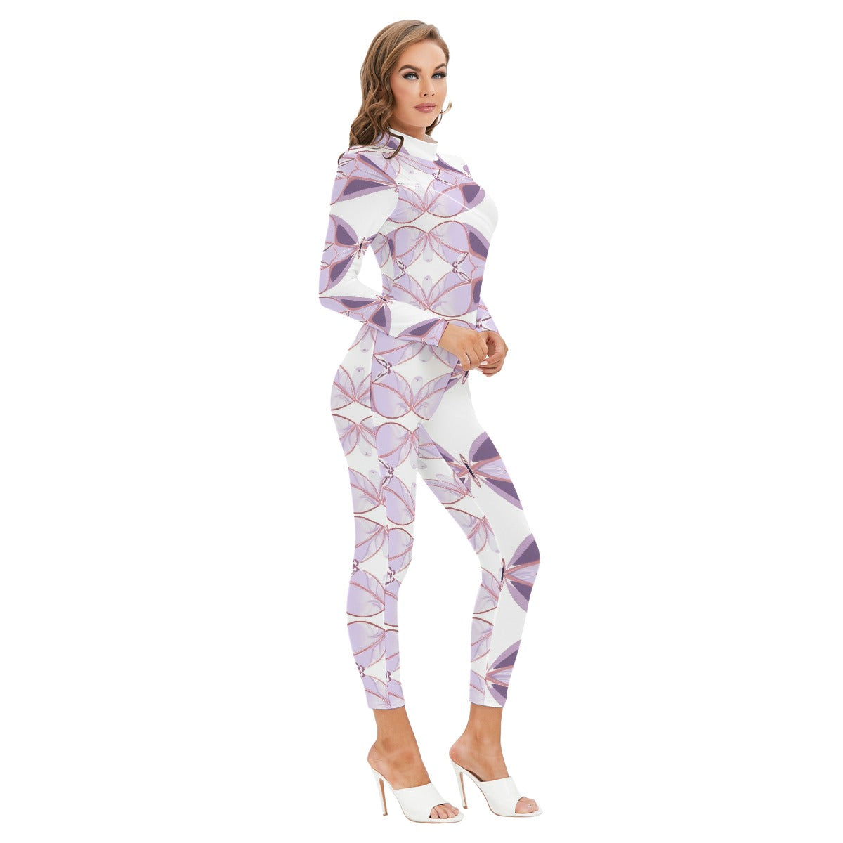 All-Over Print Women's Long-sleeved High-neck Jumpsuit With Zipper