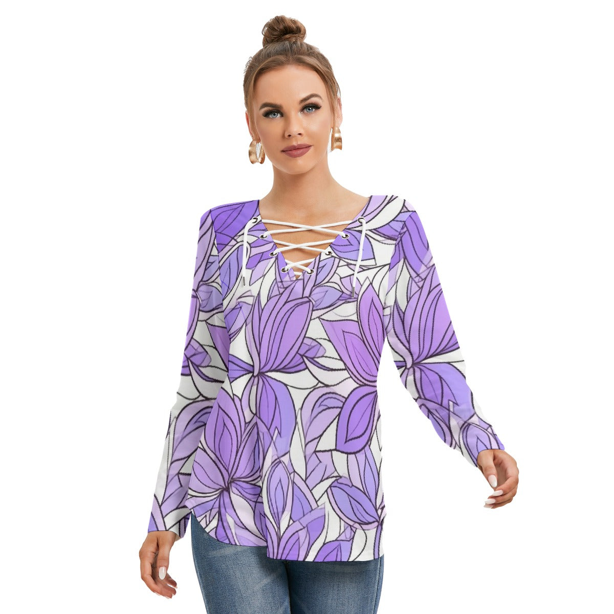 All-Over Print Women's Long Sleeve Neckline Tie Sweatshirt