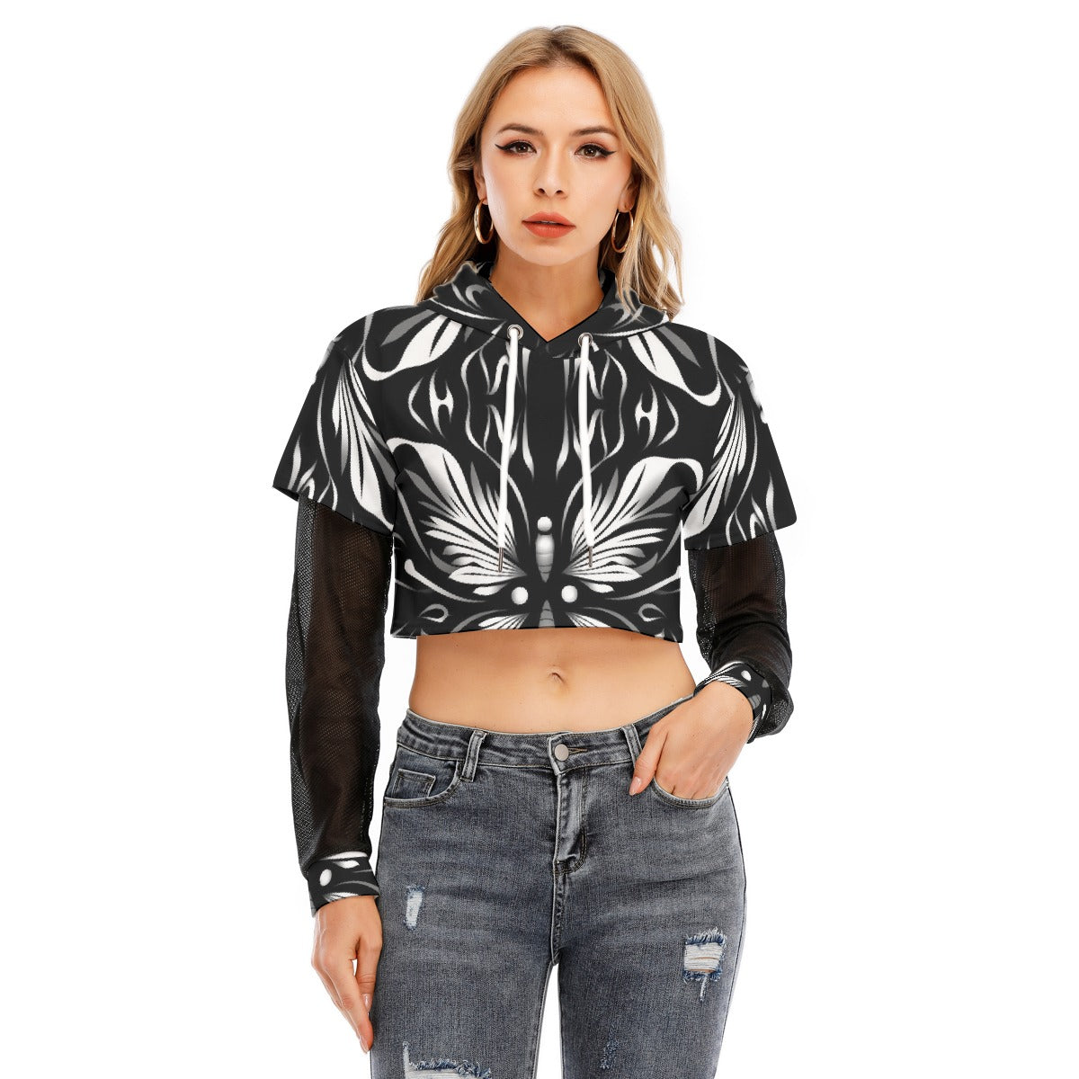 All-Over Print Women's Fake Two-piece Mesh Sleeve Cropped Hoodie