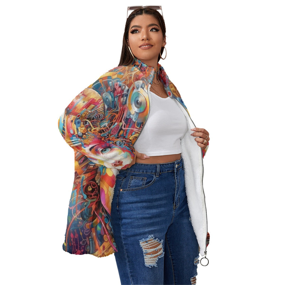 All-Over Print Unisex Borg Fleece Stand-up Collar Coat With Zipper Closure(Plus Size)