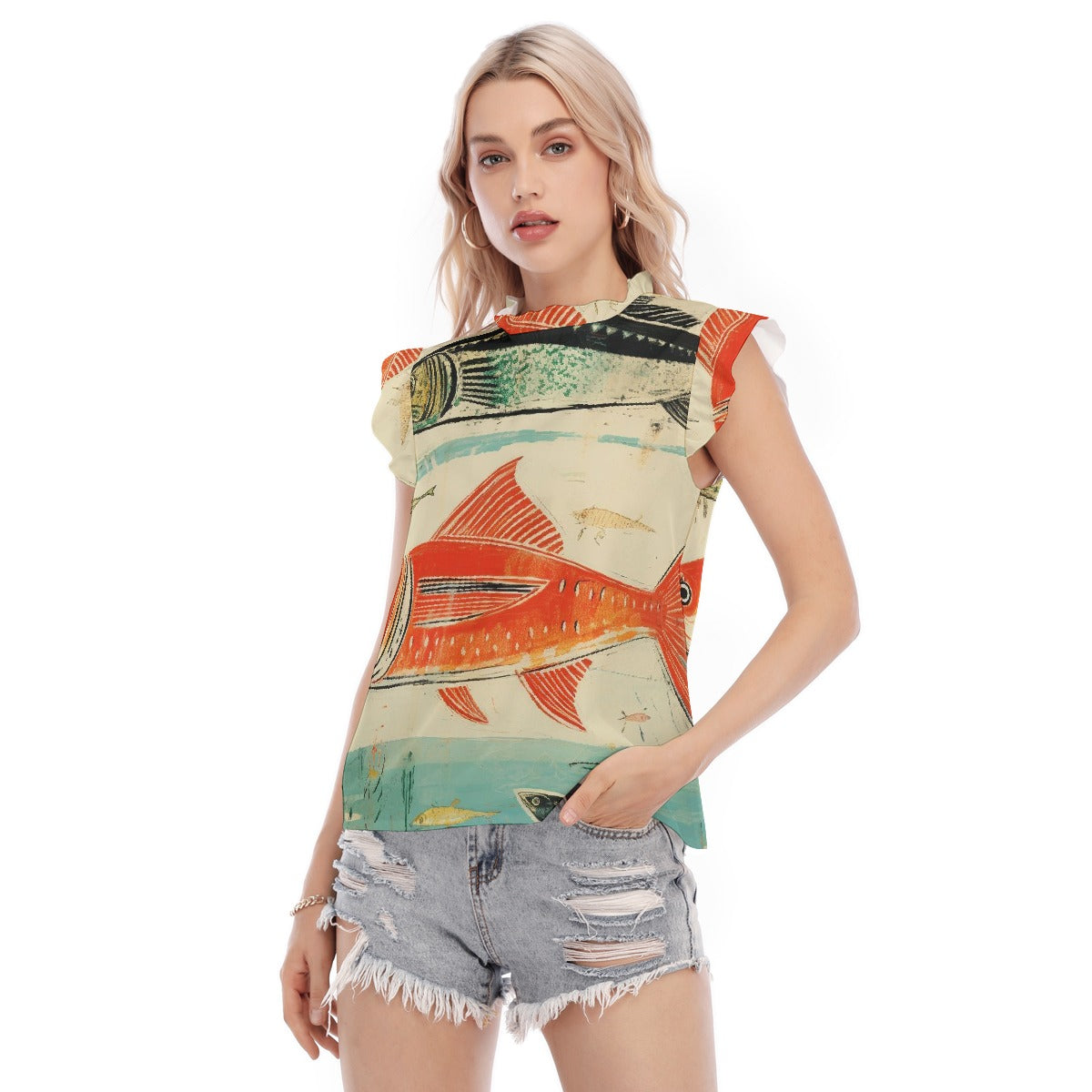 All-Over Print Women's Blouse With Ruffle Collar And Sleeve