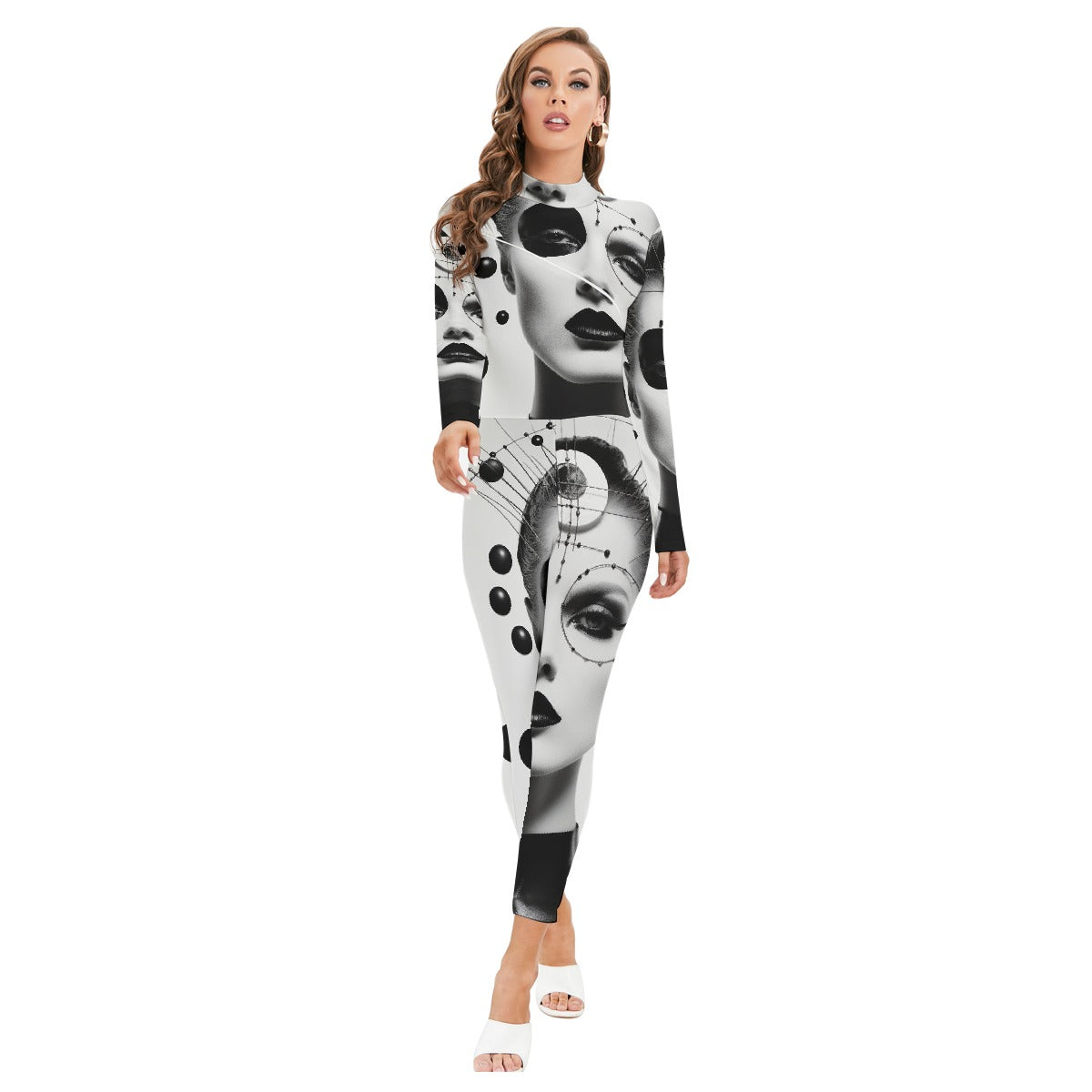 All-Over Print Women's Long-sleeved High-neck Jumpsuit With Zipper